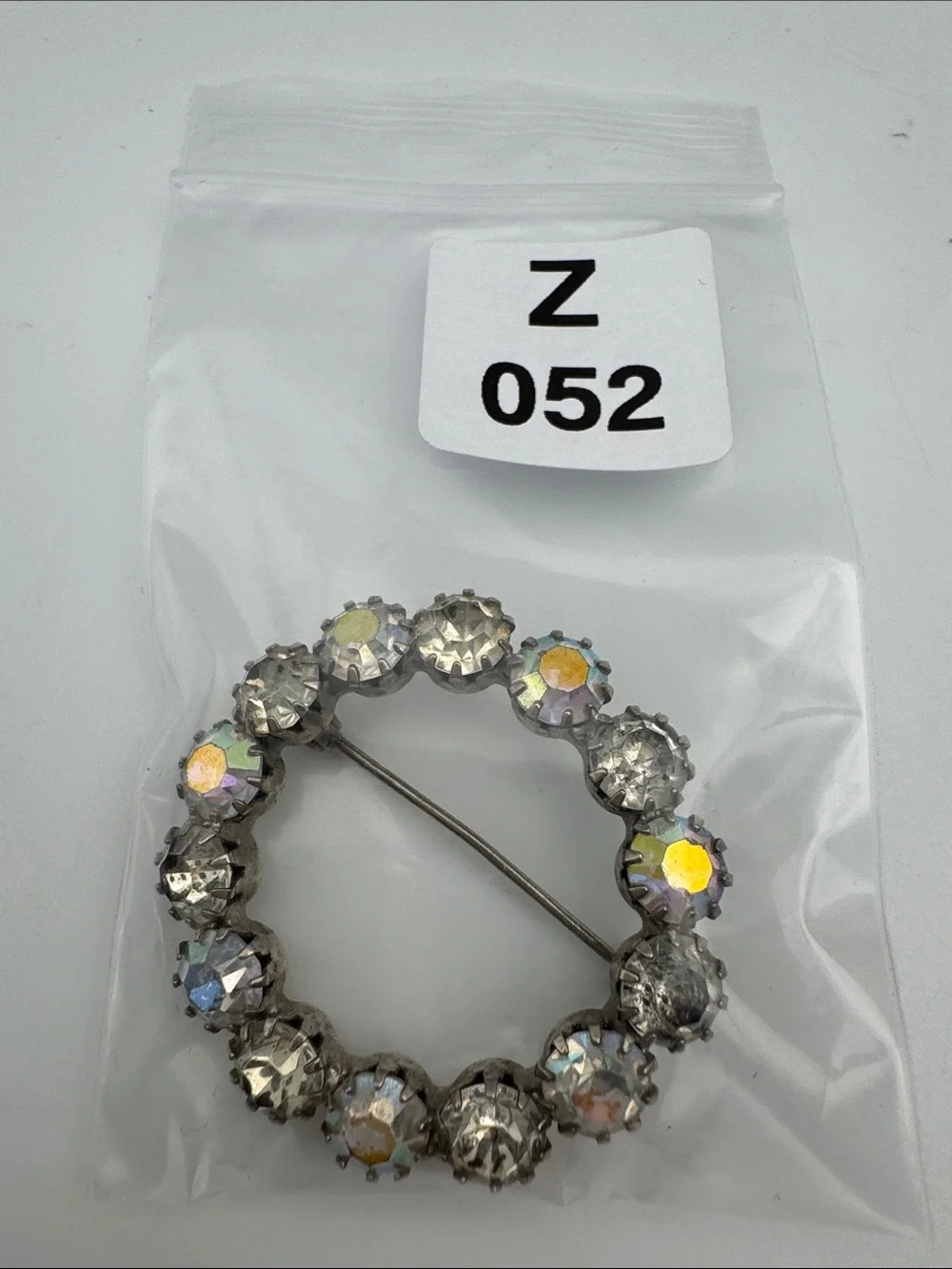 Crystal Circle Brooch - Clear Iridescent Rhinestones